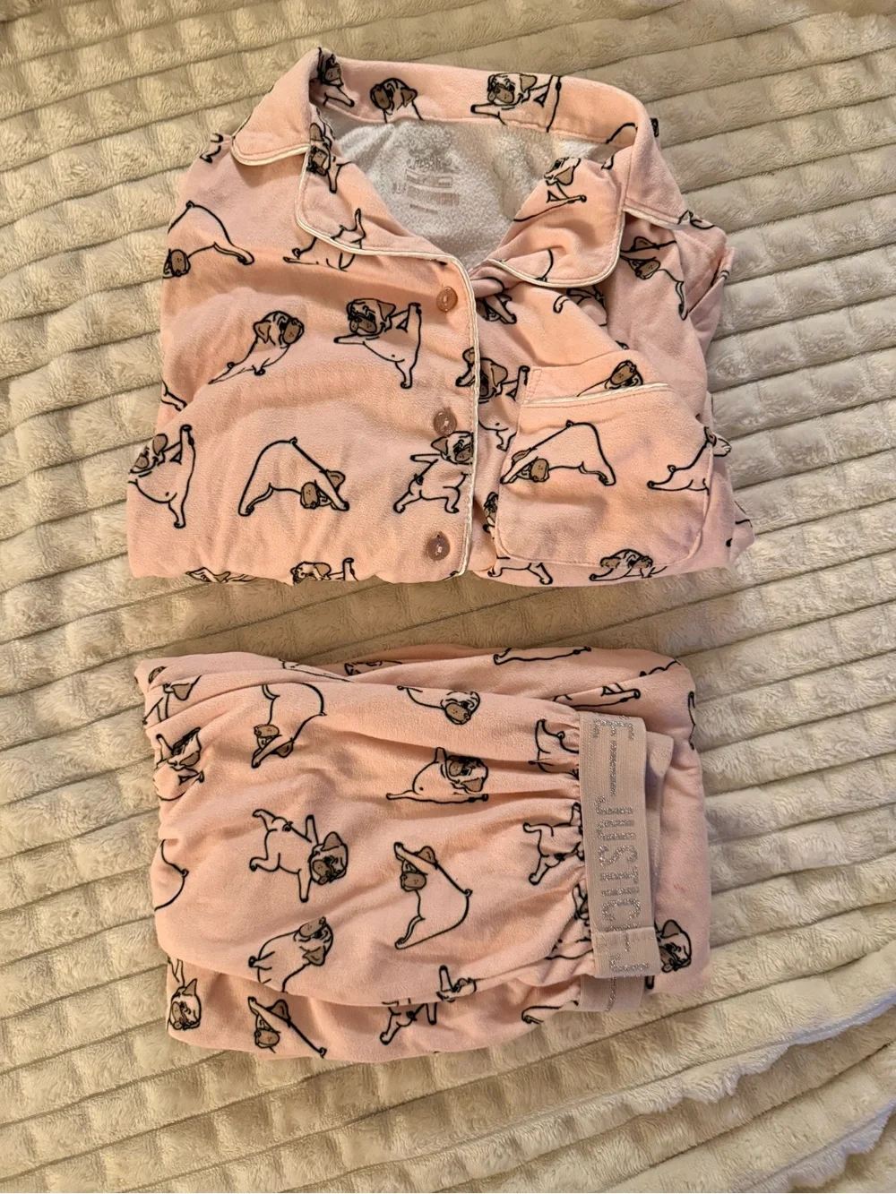 Justice Pink Puppy Print Pajama Set with Gold Elastic Waistband